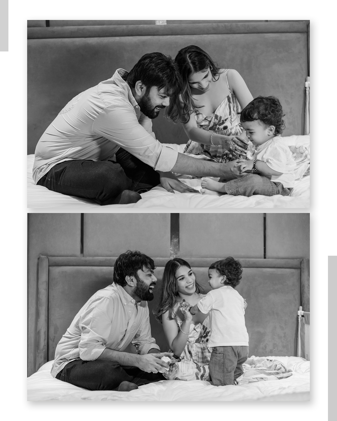 Black and White Family Moment on Bed